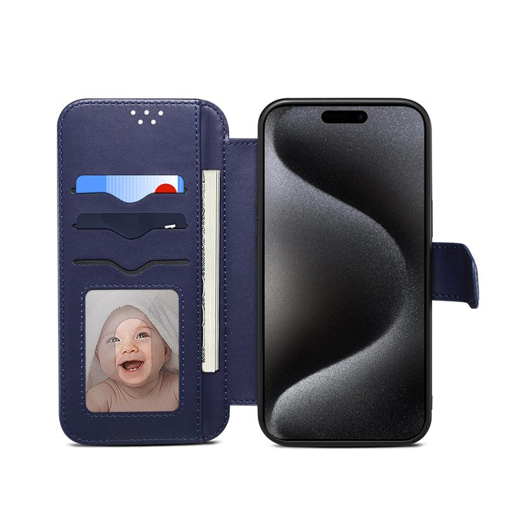 E1 For iPhone 14 / 13 6.1 inch Case PU Leather Wallet Phone Cover Compatible with MagSafe - Navy Blue