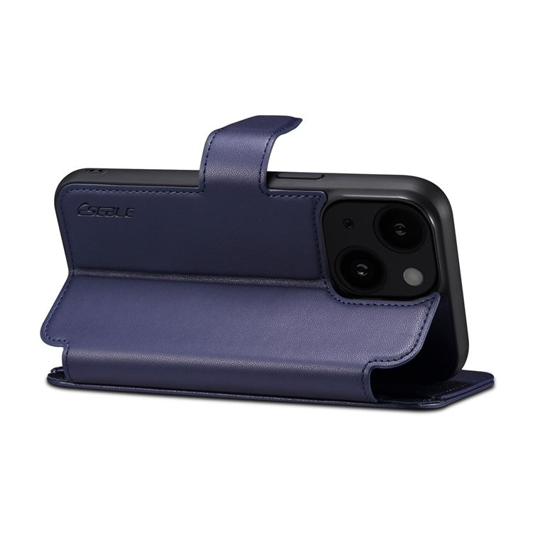 E1 For iPhone 14 / 13 6.1 inch Case PU Leather Wallet Phone Cover Compatible with MagSafe - Navy Blue