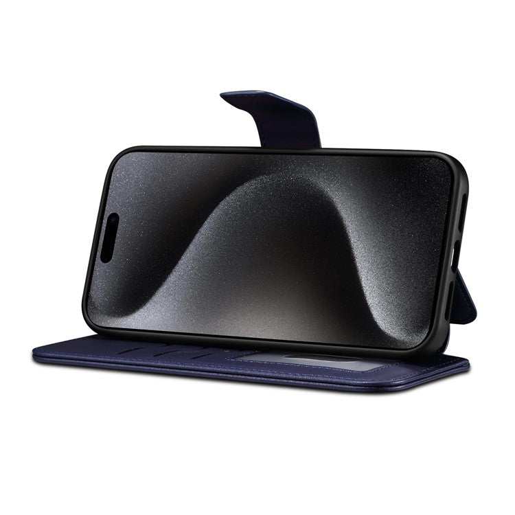 E1 For iPhone 14 / 13 6.1 inch Case PU Leather Wallet Phone Cover Compatible with MagSafe - Navy Blue