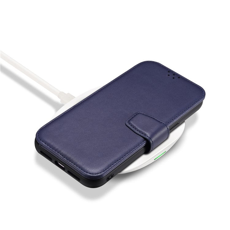 E1 For iPhone 14 / 13 6.1 inch Case PU Leather Wallet Phone Cover Compatible with MagSafe - Navy Blue
