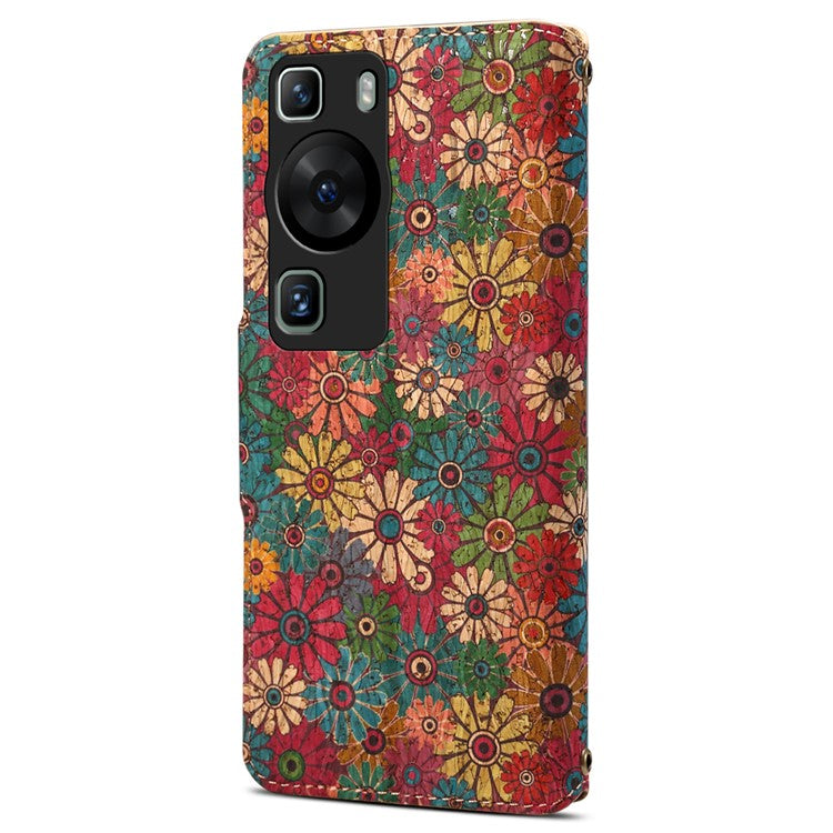 For Huawei P60 / P60 Pro Leather Case Floral Printing Stand Wallet Phone Cover - Spring / Green