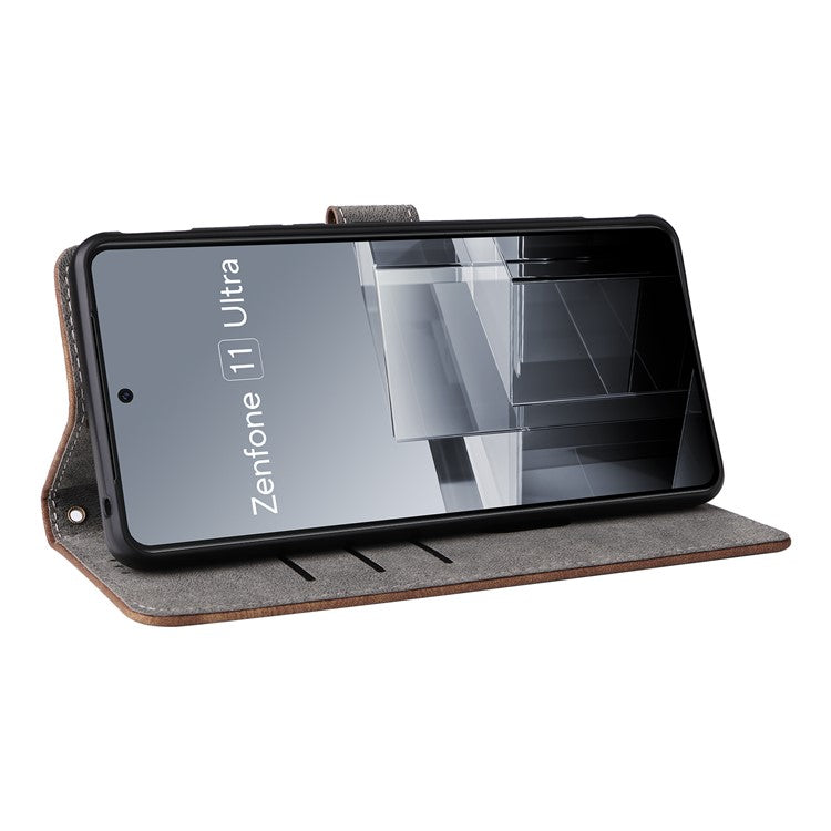 For Asus Zenfone 11 Ultra 5G Case with Strap RFID Blocking Wallet Phone Leather Cover - Brown