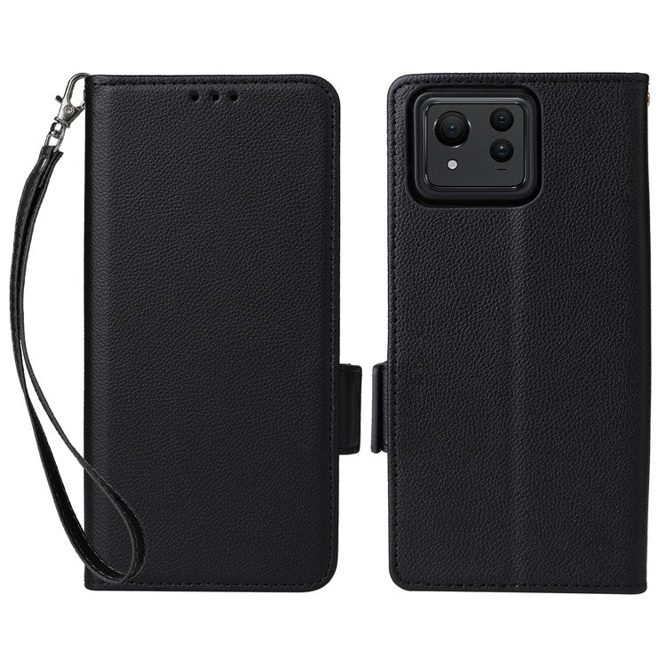 For Asus Zenfone 11 Ultra 5G Case Wallet Leather Litchi Texture Phone Cover with Wrist Strap - Black
