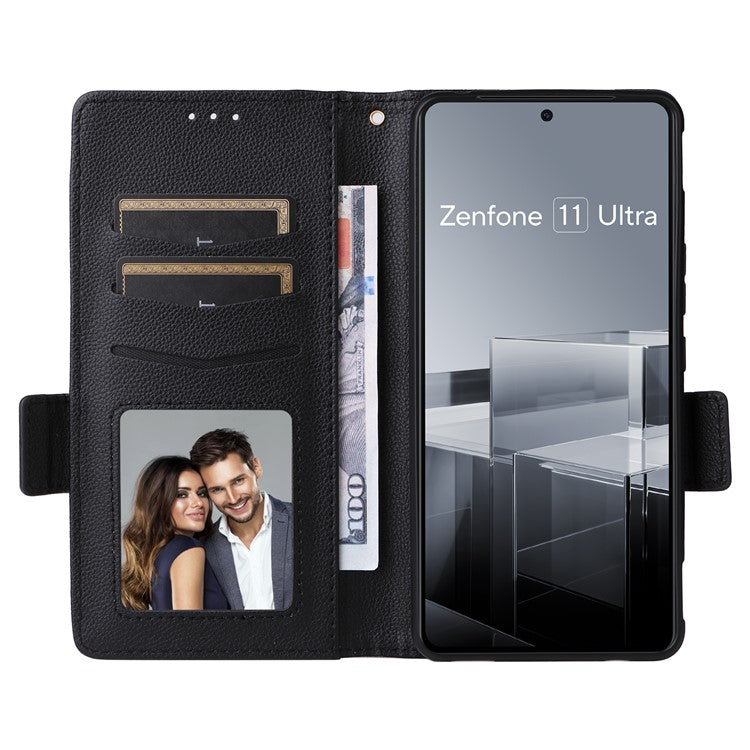 For Asus Zenfone 11 Ultra 5G Case Wallet Leather Litchi Texture Phone Cover with Wrist Strap - Black