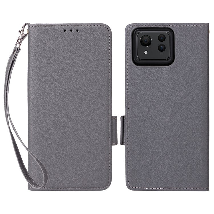 For Asus Zenfone 11 Ultra 5G Case Wallet Leather Litchi Texture Phone Cover with Wrist Strap - Grey