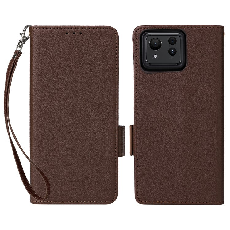 For Asus Zenfone 11 Ultra 5G Case Wallet Leather Litchi Texture Phone Cover with Wrist Strap - Brown