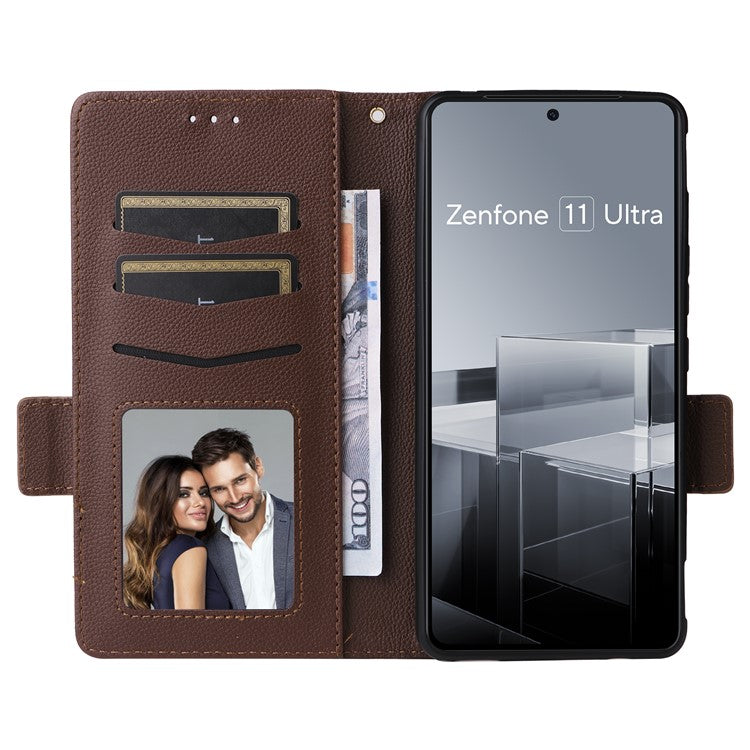 For Asus Zenfone 11 Ultra 5G Case Wallet Leather Litchi Texture Phone Cover with Wrist Strap - Brown