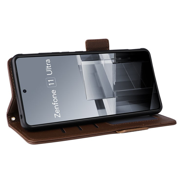 For Asus Zenfone 11 Ultra 5G Case Wallet Leather Litchi Texture Phone Cover with Wrist Strap - Brown