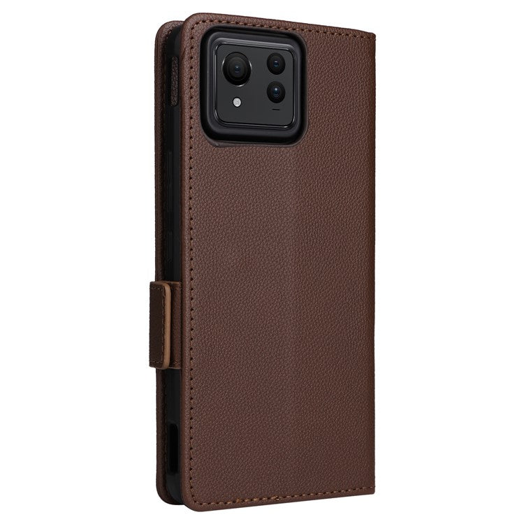 For Asus Zenfone 11 Ultra 5G Case Wallet Leather Litchi Texture Phone Cover with Wrist Strap - Brown