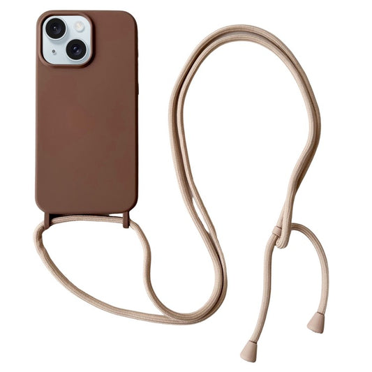 For iPhone 14 Case Liquid Silicone Protective Phone Cover with Crossbody Lanyard - Coffee