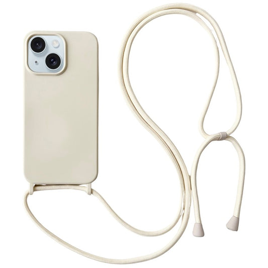For iPhone 14 Plus Case Liquid Silicone Smooth Phone Cover with Adjustable Lanyard - Beige
