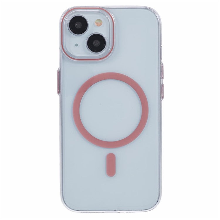 For iPhone 14 Case Compatible with MagSafe Clear PC Phone Cover with Metal Buttons - Pink