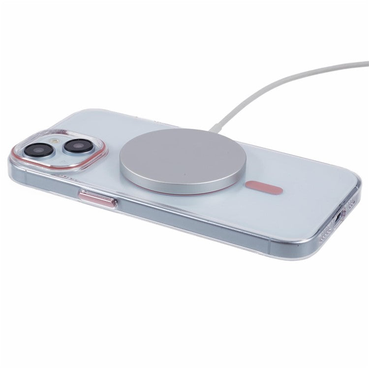 For iPhone 14 Case Compatible with MagSafe Clear PC Phone Cover with Metal Buttons - Pink