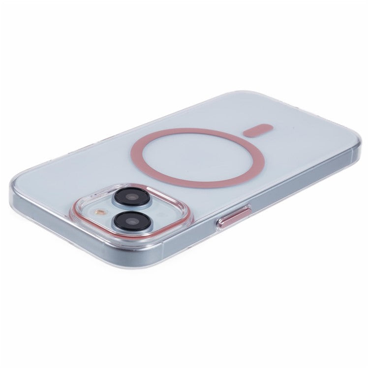 For iPhone 14 Case Compatible with MagSafe Clear PC Phone Cover with Metal Buttons - Pink