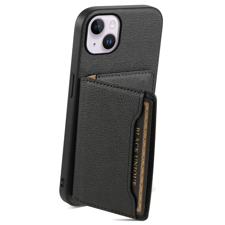 For iPhone 14 Plus Card Slot Case Calf Texture PU Hybrid Kickstand Phone Cover - Black