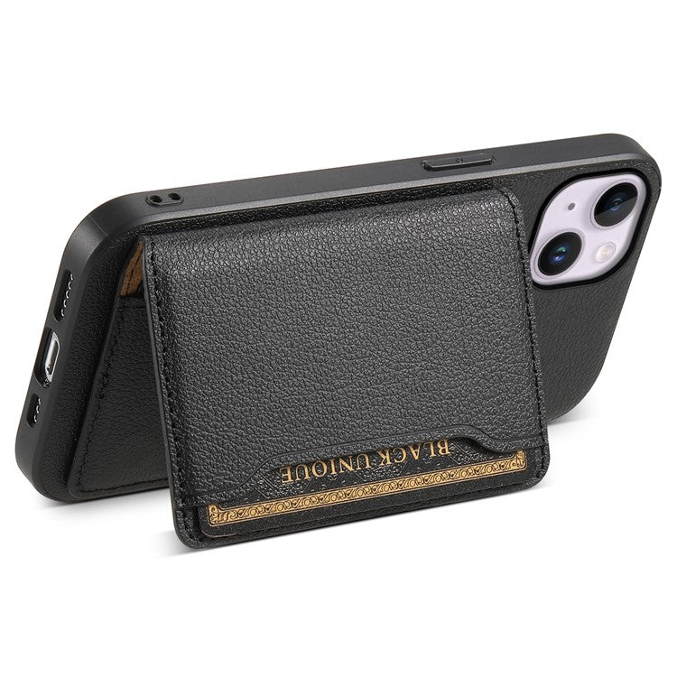 For iPhone 14 Plus Card Slot Case Calf Texture PU Hybrid Kickstand Phone Cover - Black