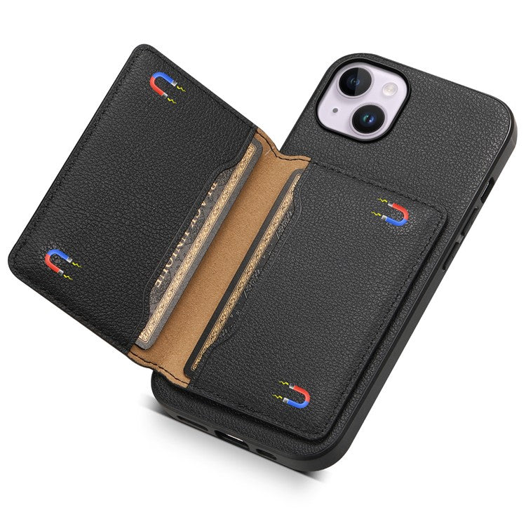 For iPhone 14 Plus Card Slot Case Calf Texture PU Hybrid Kickstand Phone Cover - Black