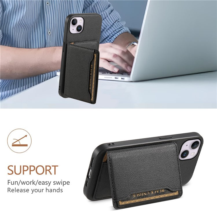 For iPhone 14 Plus Card Slot Case Calf Texture PU Hybrid Kickstand Phone Cover - Black