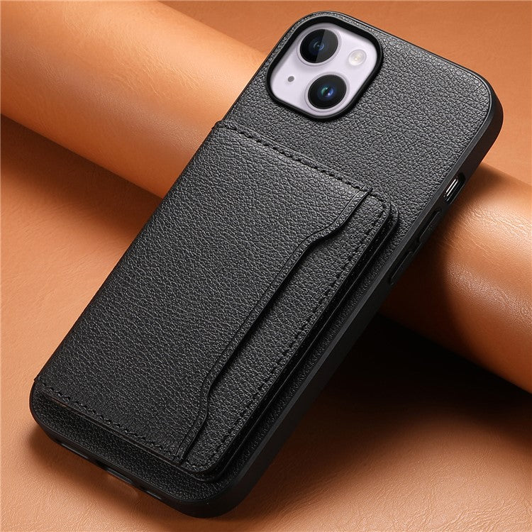 For iPhone 14 Plus Card Slot Case Calf Texture PU Hybrid Kickstand Phone Cover - Black