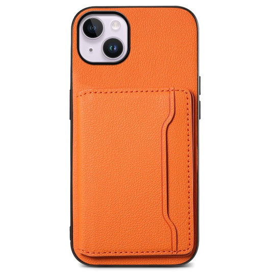For iPhone 14 Plus Card Slot Case Calf Texture PU Hybrid Kickstand Phone Cover - Orange