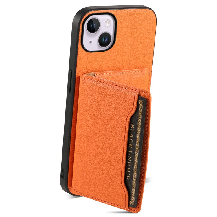 For iPhone 14 Plus Card Slot Case Calf Texture PU Hybrid Kickstand Phone Cover - Orange