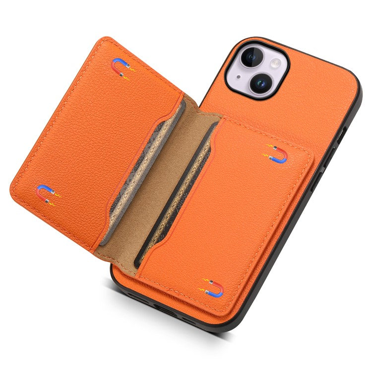 For iPhone 14 Plus Card Slot Case Calf Texture PU Hybrid Kickstand Phone Cover - Orange