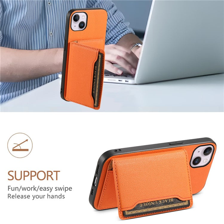 For iPhone 14 Plus Card Slot Case Calf Texture PU Hybrid Kickstand Phone Cover - Orange
