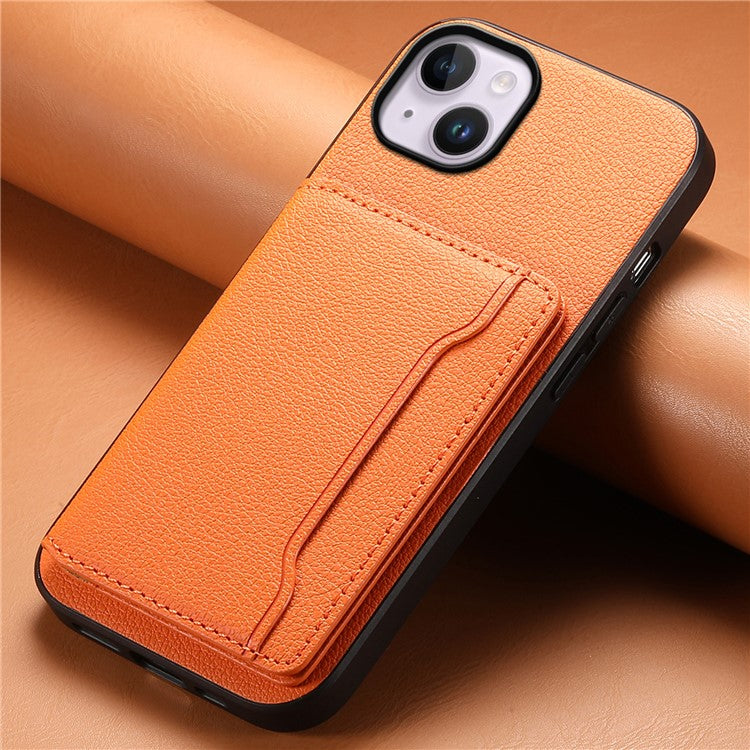 For iPhone 14 Plus Card Slot Case Calf Texture PU Hybrid Kickstand Phone Cover - Orange