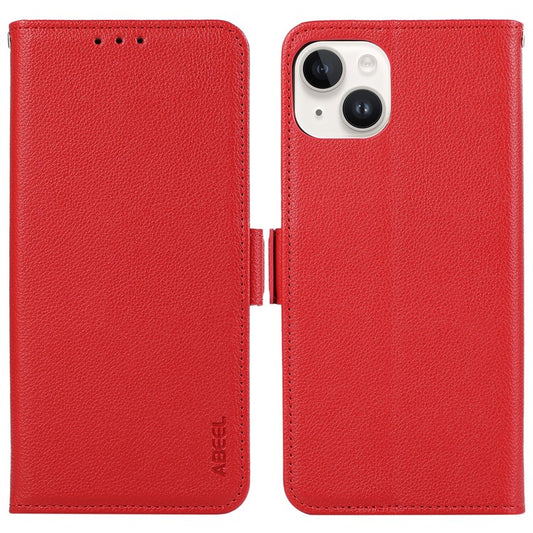 ABEEL For iPhone 14 Case Litchi Texture Phone Cover RFID Blocking Wallet - Red