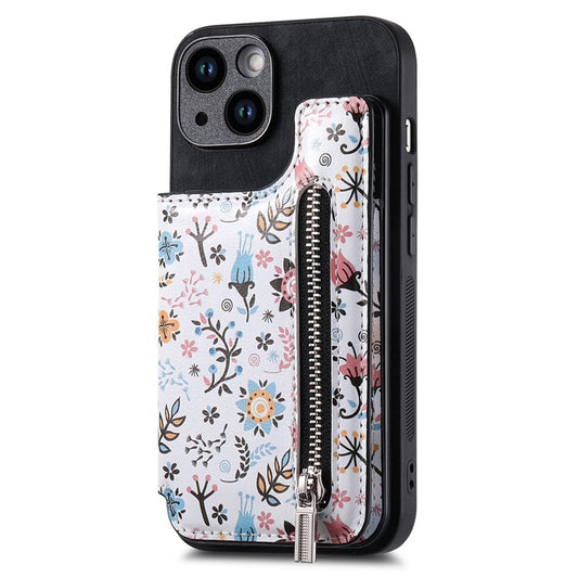 D10 For iPhone 14 Case Pattern Printed Retro Leather Covered TPU Phone Case with Card Slot - Black