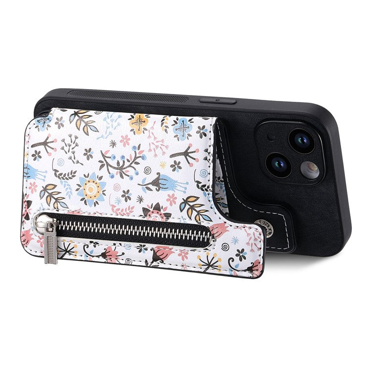 D10 For iPhone 14 Case Pattern Printed Retro Leather Covered TPU Phone Case with Card Slot - Black