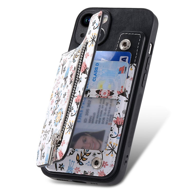 D10 For iPhone 14 Case Pattern Printed Retro Leather Covered TPU Phone Case with Card Slot - Black
