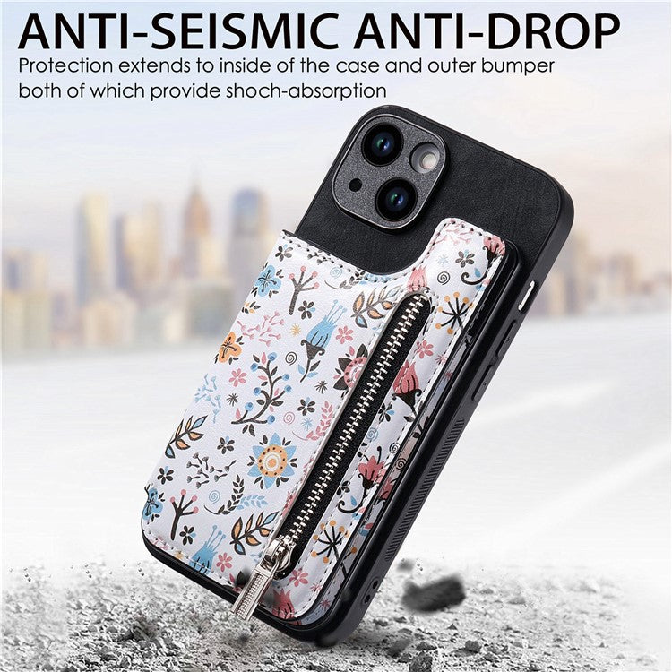 D10 For iPhone 14 Case Pattern Printed Retro Leather Covered TPU Phone Case with Card Slot - Black