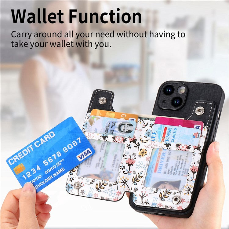 D10 For iPhone 14 Case Pattern Printed Retro Leather Covered TPU Phone Case with Card Slot - Black