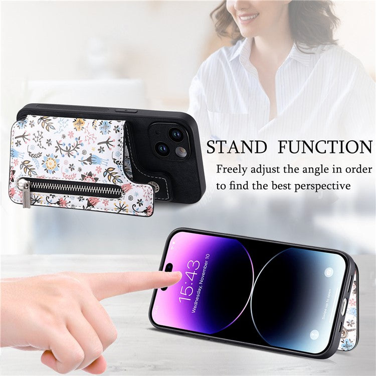 D10 For iPhone 14 Case Pattern Printed Retro Leather Covered TPU Phone Case with Card Slot - Black