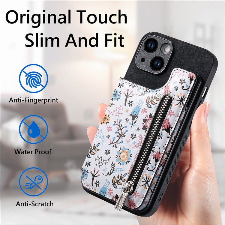 D10 For iPhone 14 Case Pattern Printed Retro Leather Covered TPU Phone Case with Card Slot - Black