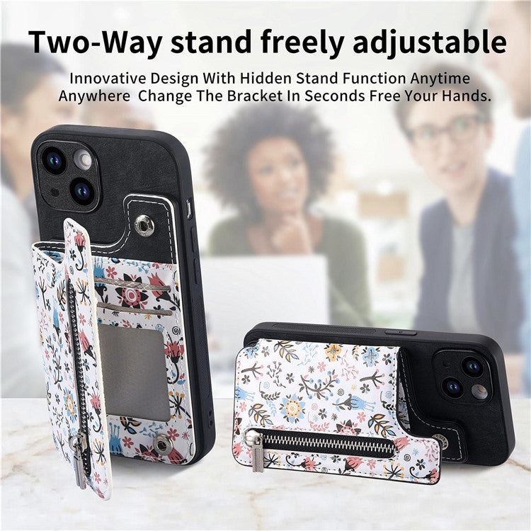 D10 For iPhone 14 Case Pattern Printed Retro Leather Covered TPU Phone Case with Card Slot - Black