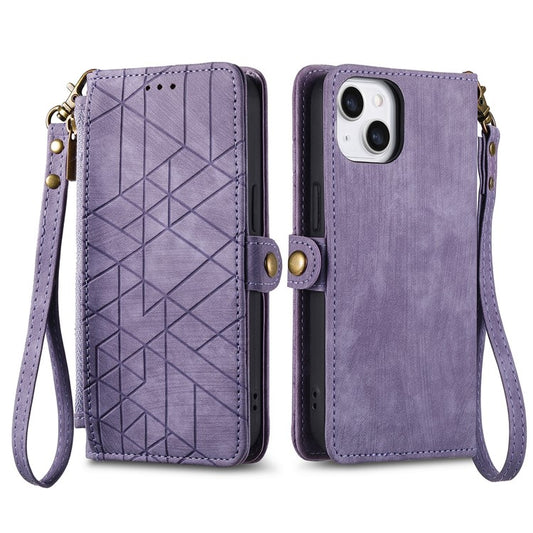 Stand Case for iPhone 14 Geometry Leather Zipper Wallet Phone Cover with Wrist Strap - Light Purple