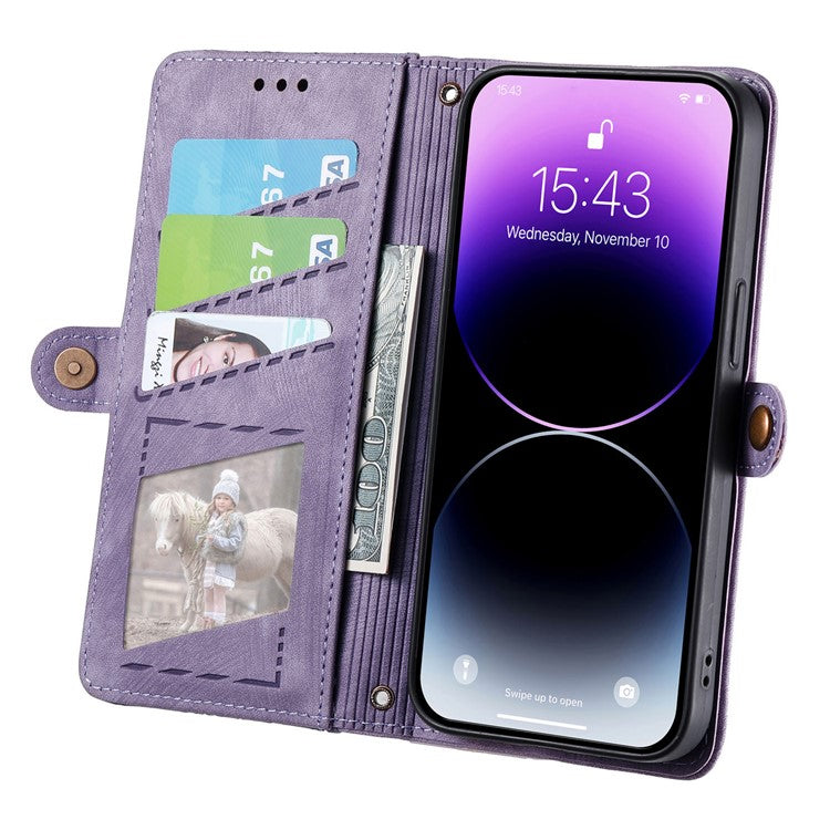 Stand Case for iPhone 14 Geometry Leather Zipper Wallet Phone Cover with Wrist Strap - Light Purple