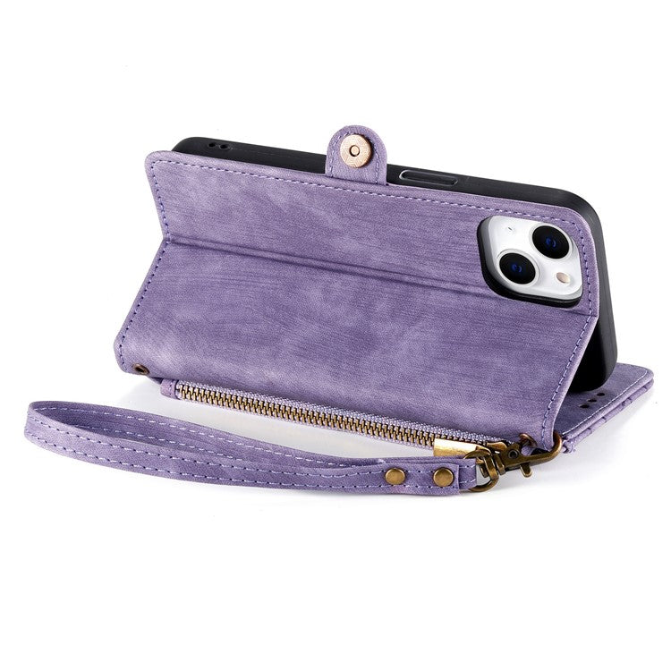 Stand Case for iPhone 14 Geometry Leather Zipper Wallet Phone Cover with Wrist Strap - Light Purple