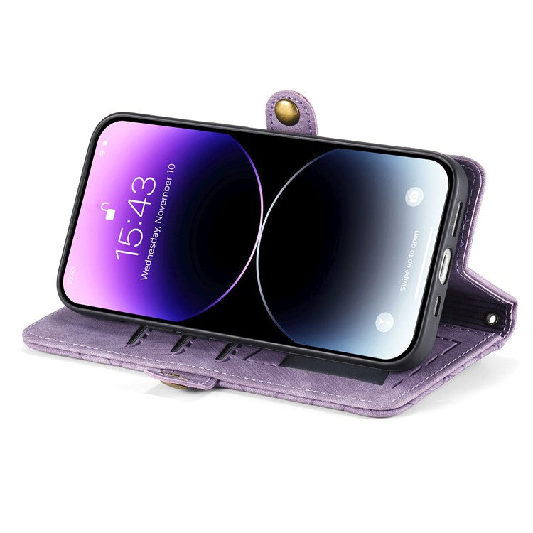 Stand Case for iPhone 14 Geometry Leather Zipper Wallet Phone Cover with Wrist Strap - Light Purple