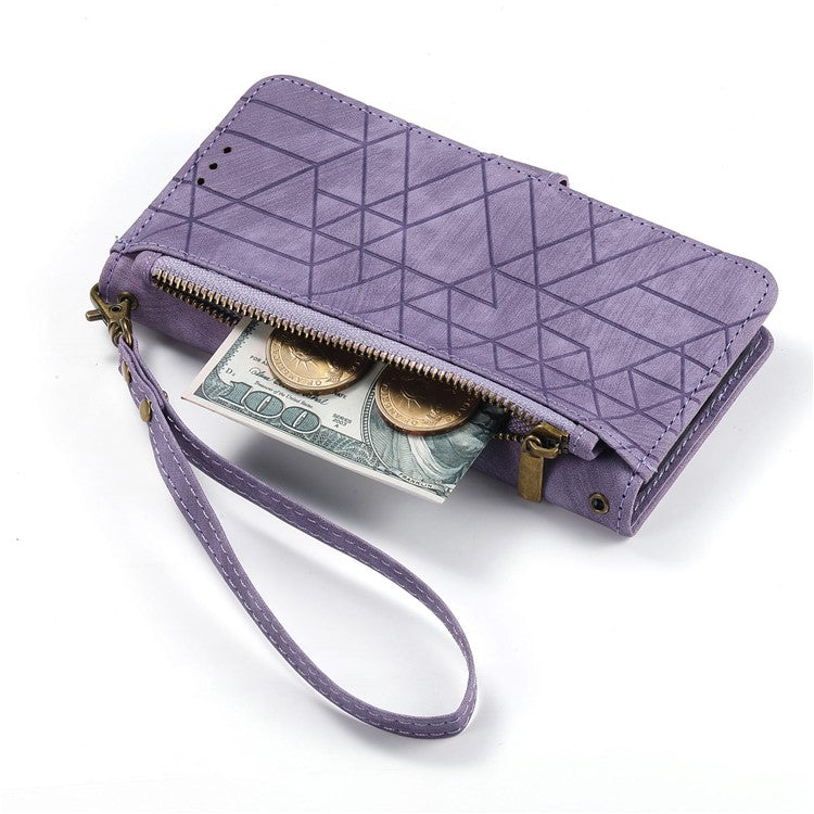 Stand Case for iPhone 14 Geometry Leather Zipper Wallet Phone Cover with Wrist Strap - Light Purple
