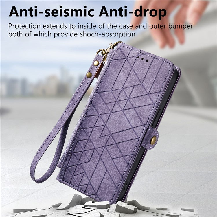 Stand Case for iPhone 14 Geometry Leather Zipper Wallet Phone Cover with Wrist Strap - Light Purple