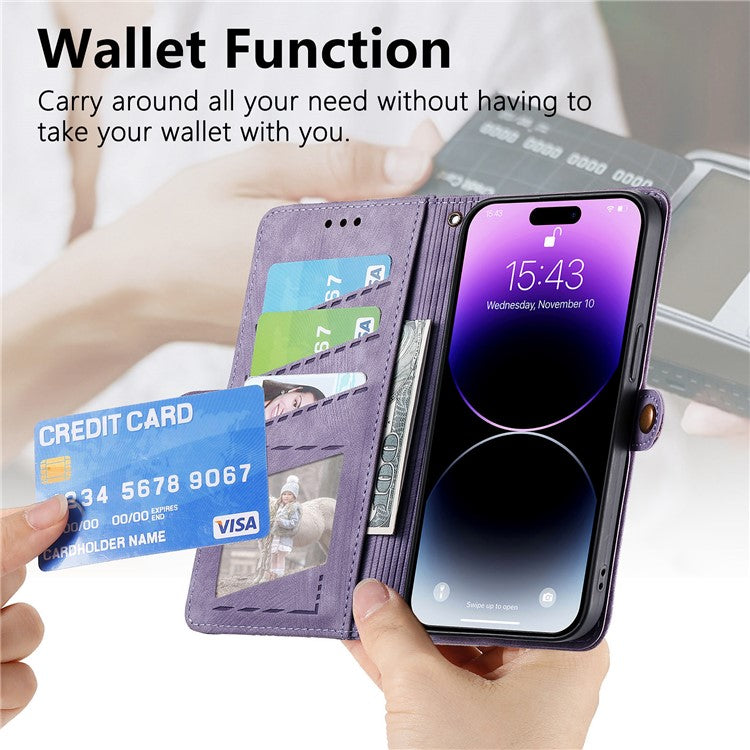 Stand Case for iPhone 14 Geometry Leather Zipper Wallet Phone Cover with Wrist Strap - Light Purple