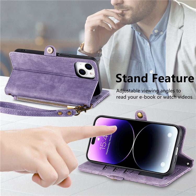Stand Case for iPhone 14 Geometry Leather Zipper Wallet Phone Cover with Wrist Strap - Light Purple