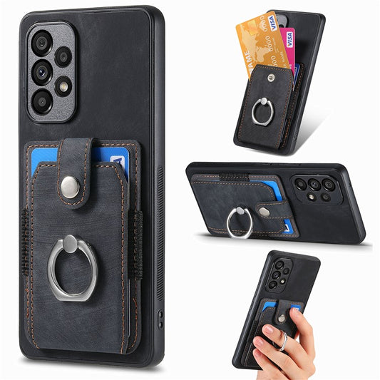D2 For Samsung Galaxy A13 4G Case Leather Coated TPU Phone Cover with Ring Holder Kickstand - Black