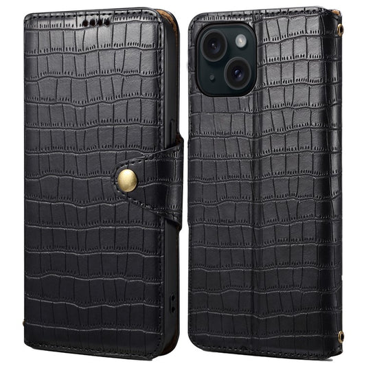 For iPhone 14 Case Crocodile Texture Leather Phone Cover with Wallet Card Slots - Black