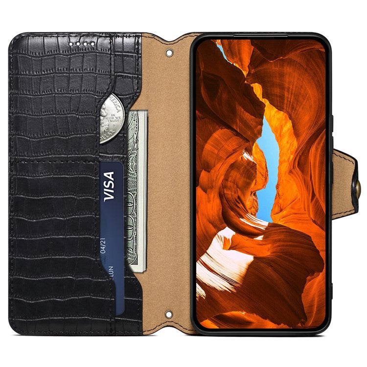 For iPhone 14 Case Crocodile Texture Leather Phone Cover with Wallet Card Slots - Black