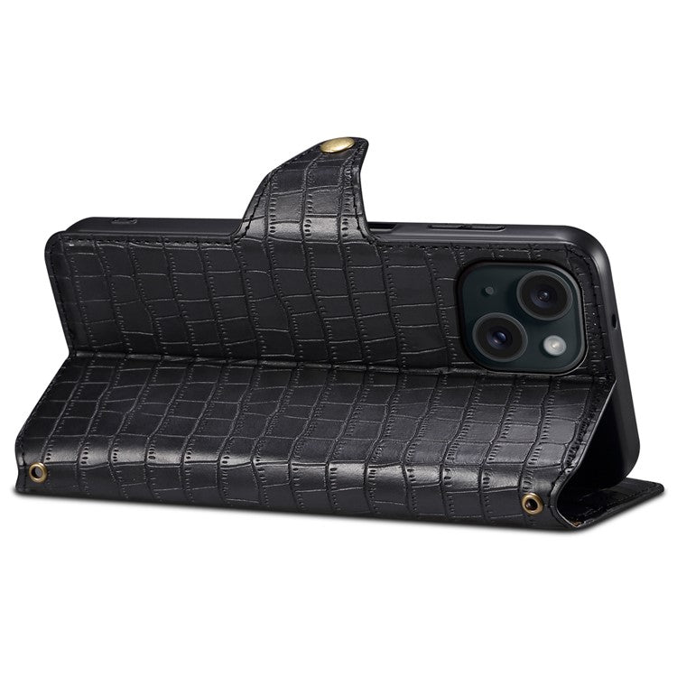 For iPhone 14 Case Crocodile Texture Leather Phone Cover with Wallet Card Slots - Black