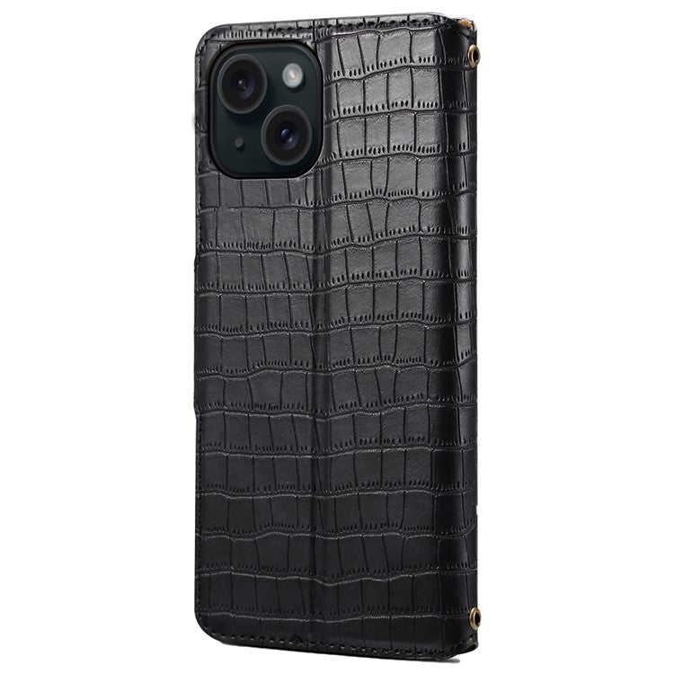 For iPhone 14 Case Crocodile Texture Leather Phone Cover with Wallet Card Slots - Black